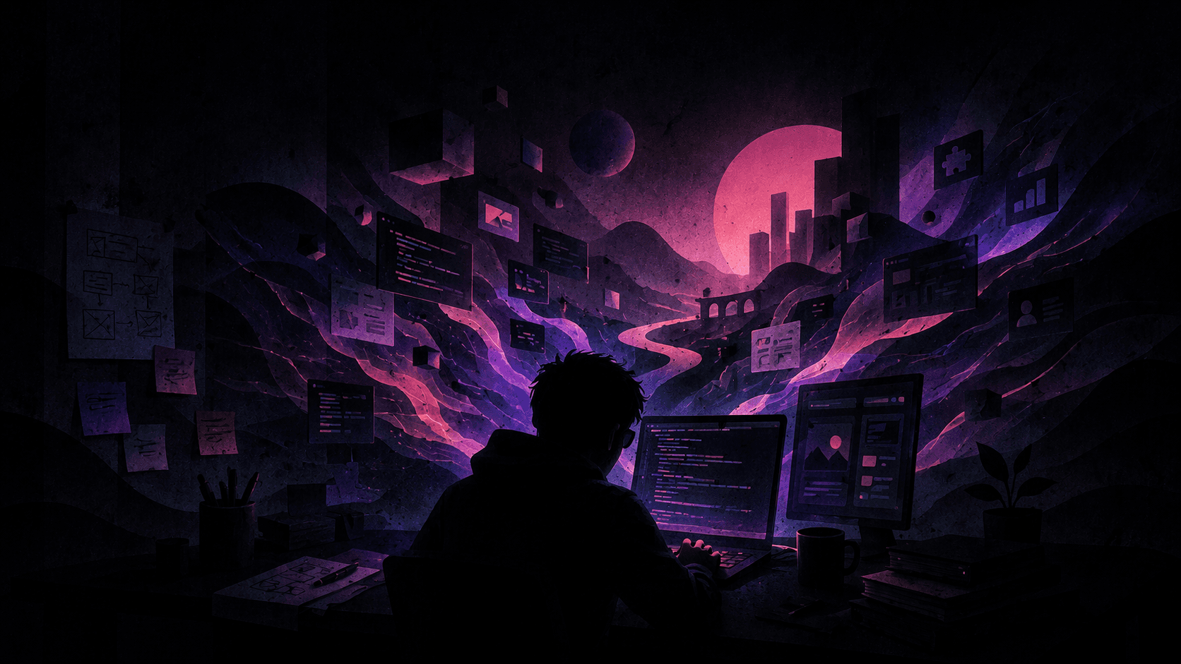 Dark, abstract 16:9 digital illustration of a person working at a desk, facing glowing screens while a stream of floating interface panels, code fragments, sketches, and geometric forms expands outward into a moody retro-futurist landscape. Subtle magenta, violet, and deep blue light cut through the darkness, suggesting focused momentum, rapid building, and ideas turning into finished work.